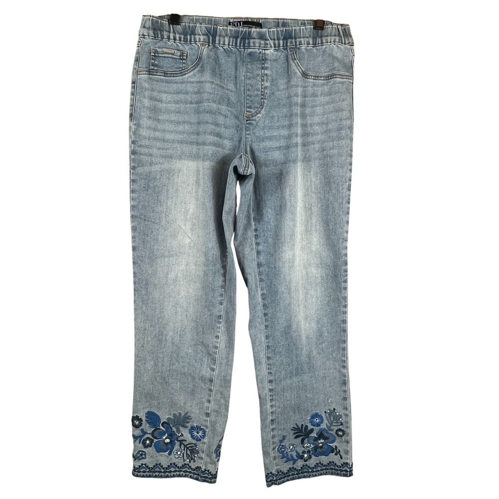 FDJ French Dressing Jeans Womens 10 Pull On Denim Embroidered Blue Floral Hem